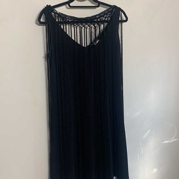 Onyx Nite Black Fringe macramé Flirty Shift dress mini size 8 women’s - Picture 3 of 6